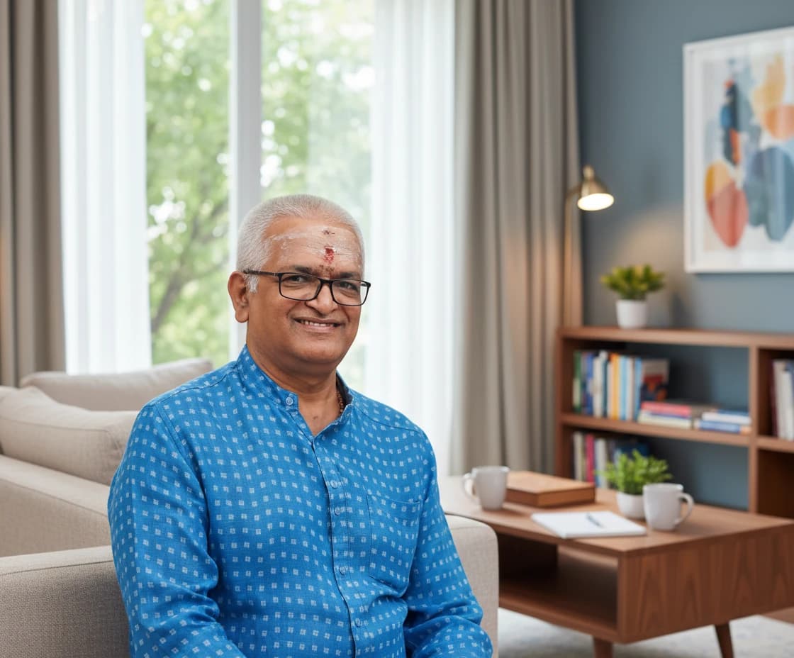 Subramaniam P G (PGS), smiling, seated in a warm, informal study.