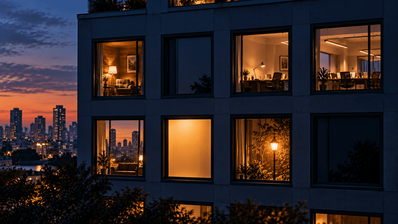 A building facade at dusk, eight windows, six lit and two dark, one plain golden window standing for Mirror.